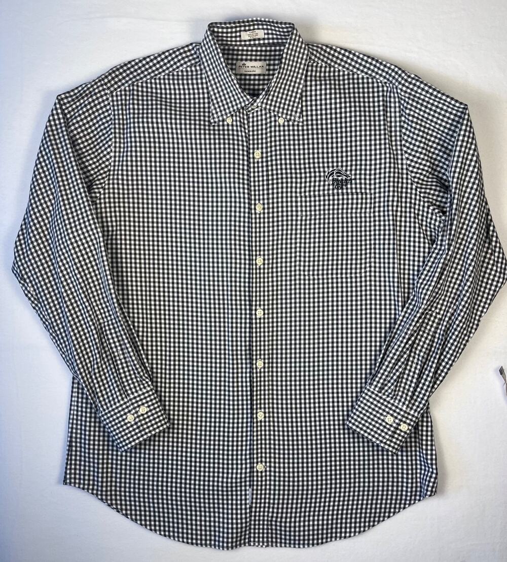 Peter Millar Nanoluxe Dress Shirt Black White Gingham Long Sleeve Size Large